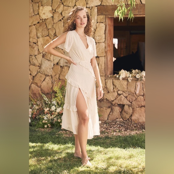 Lulu’s Next to You Cream Swiss Dot Ruffled Midi Dress XXS - Picture 2 of 5